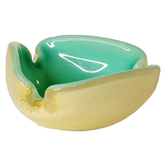 Seguso Murano Aqua Green Celadon Gold Flecks Italian Art Glass Dish Bowl Ashtray